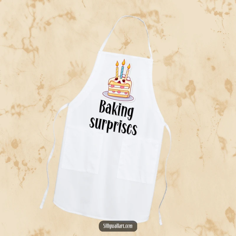 Funny apron with a surprised slice of cake, its candles floating upwards like balloons, ideal for festive baking and parties.