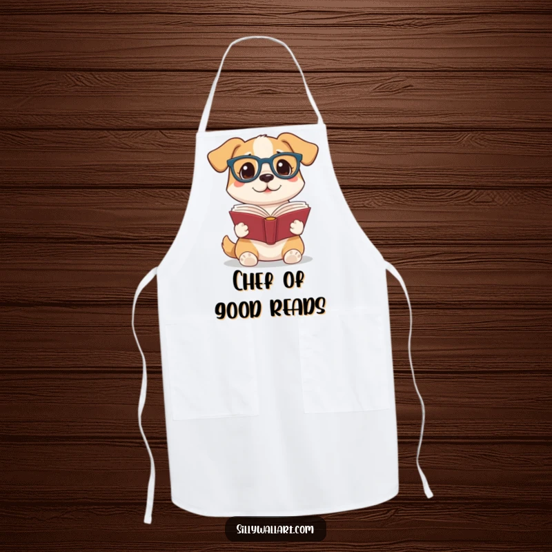 Funny apron depicting a dog in reading glasses, book in paw, ready to cook, ideal for kitchen enthusiasts who love literature and humor.