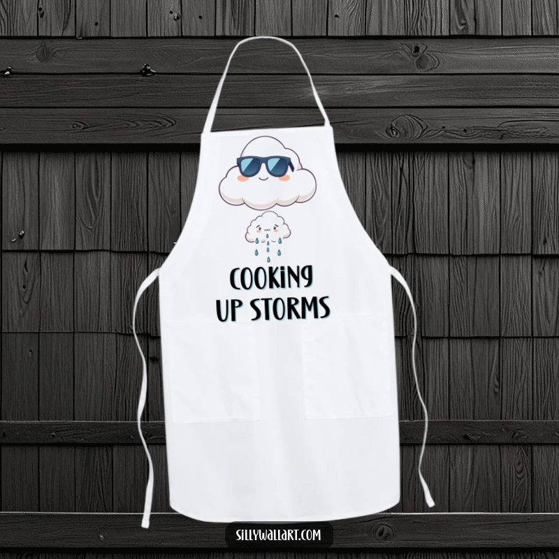 Funny cool cloud apron featuring a proud cloud in sunglasses floating above a tiny, worried rain cloud, for stylish cooking.