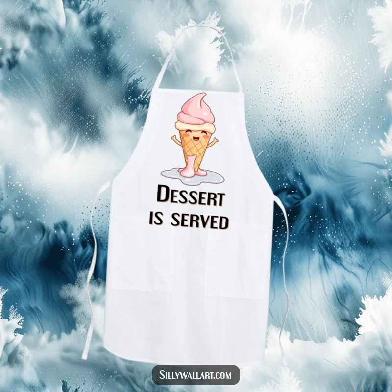 Funny ice cream apron depicting a giggling cone melting into a puddle with a shrug, ideal for a playful kitchen.