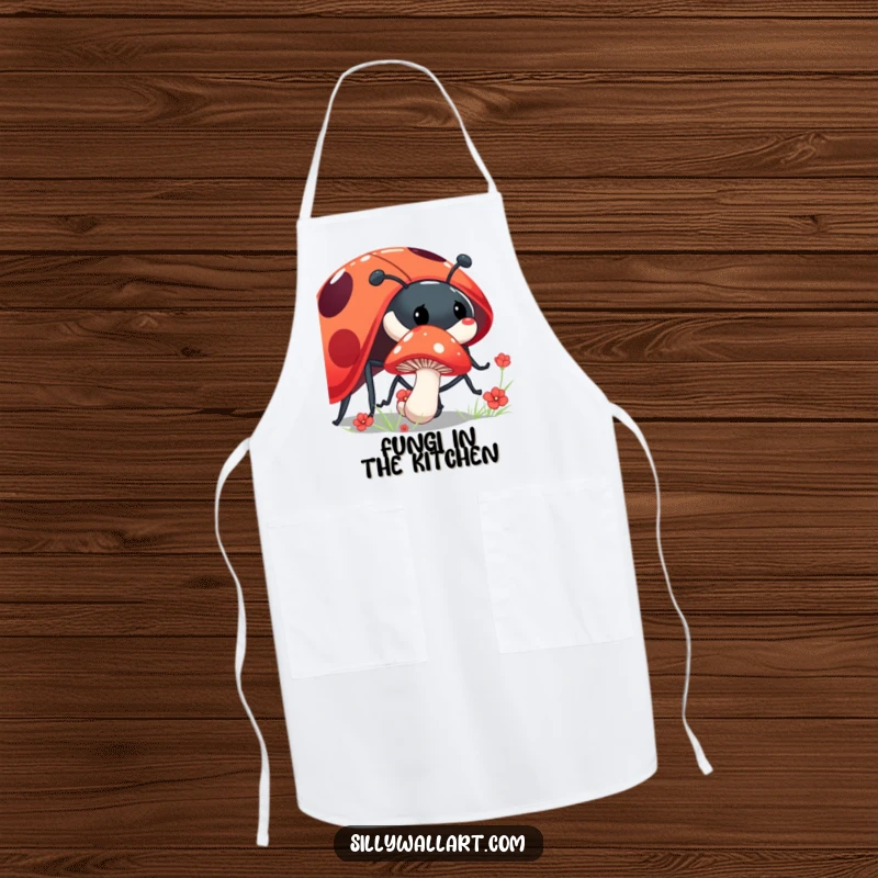 Funny shy mushroom apron with a mushroom peeking from behind a giant, laughing ladybug, perfect for a charming kitchen.