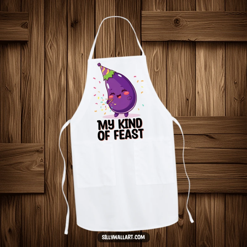 Funny apron with a beaming eggplant wearing a party hat and blowing a confetti popper, ideal for festive cooking and parties.