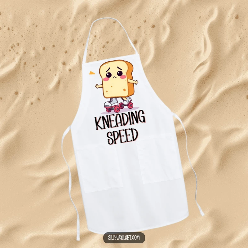 Funny loaf of bread character, confused on roller skates, on a functional apron for kitchen-related amusement.