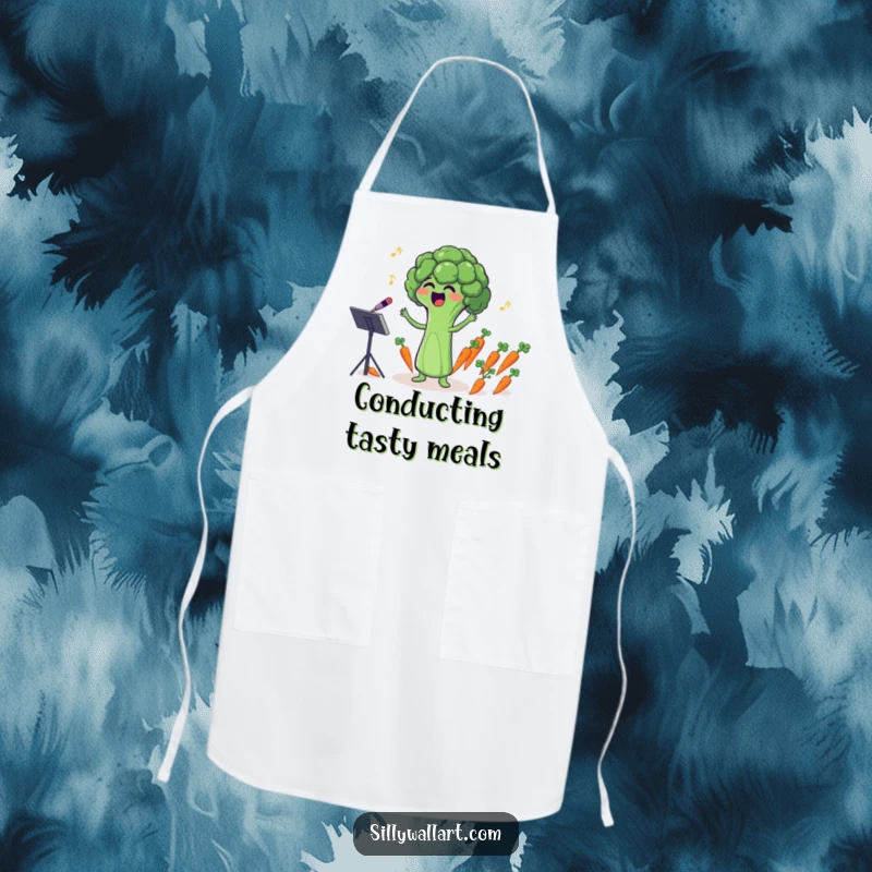Funny apron with a singing broccoli floret comically conducting a tiny carrot orchestra, ideal for kitchen fun.