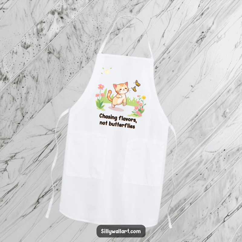 Funny apron illustrating a cat gleefully chasing a butterfly in a bright garden, ideal for kitchen humor.
