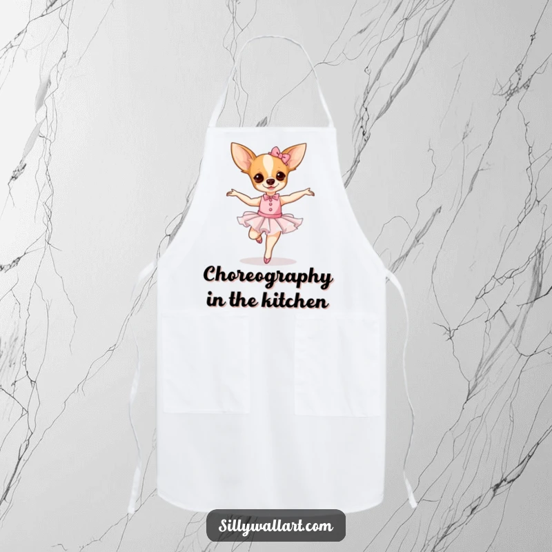 Funny Chihuahua Ballerina Apron showing a dog dressed as a ballerina, ready to cook.