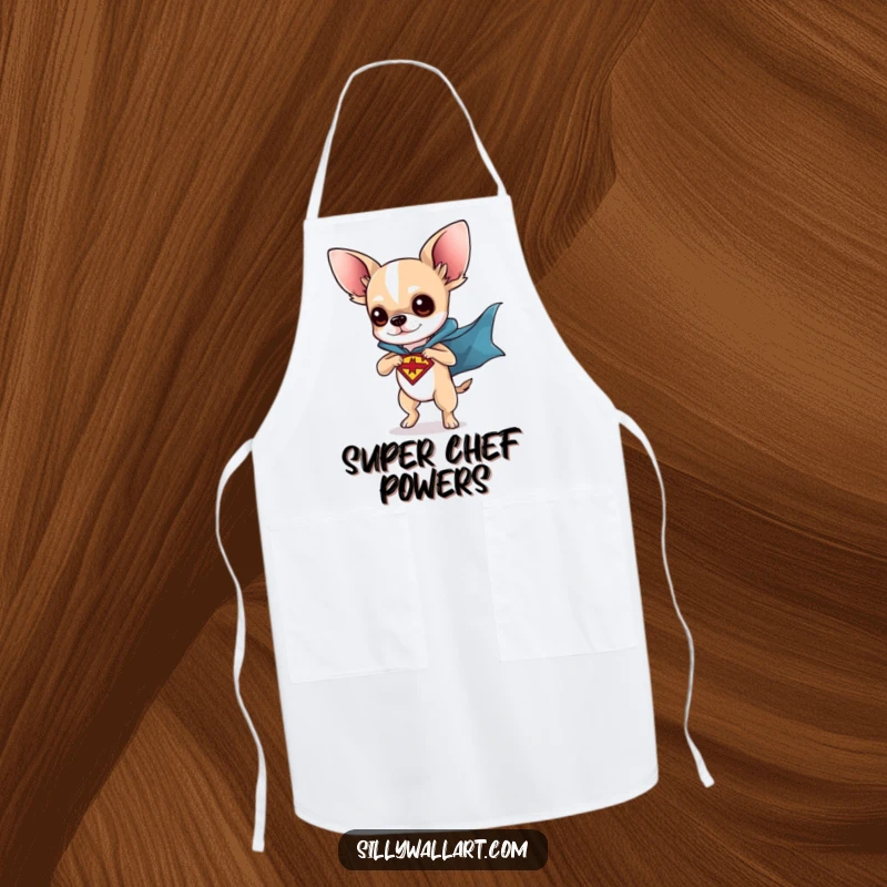 Funny apron with a chihuahua dressed as a superhero, striking a dynamic pose. Ideal for kitchen adventures and dog lovers.