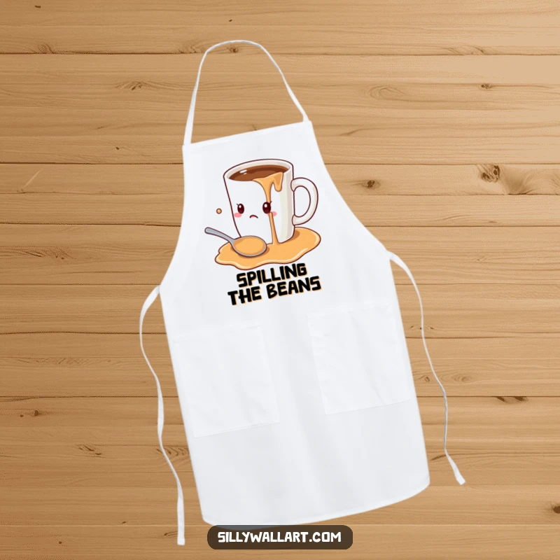 Funny cartoon oversized coffee mug spilling onto a startled spoon, printed on an apron, ideal for a cook with a sense of humor.