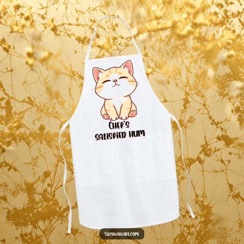 Funny apron with a contented cat purring loudly while being stroked, its face radiating pure bliss and a love for pets.