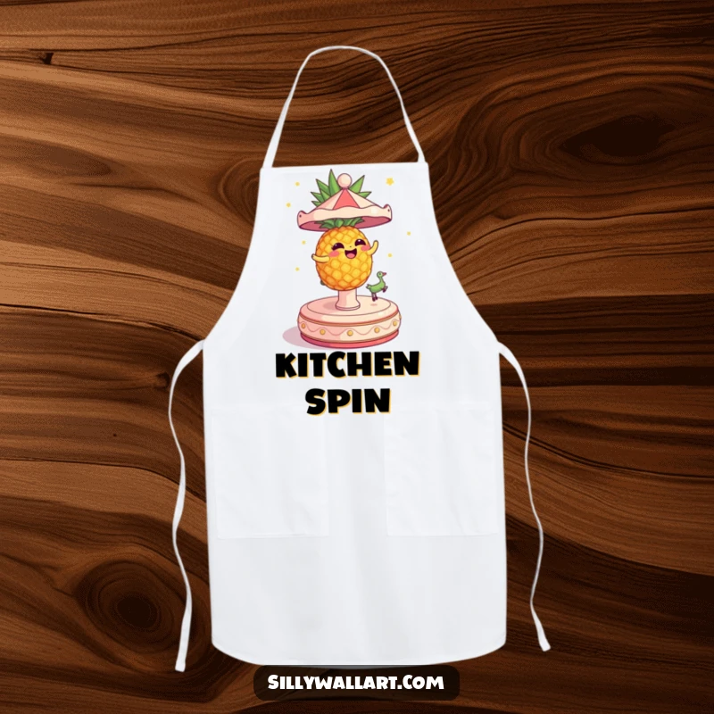 Funny Apron showing a dizzy pineapple spinning wildly on a carousel, great for a fun cook.