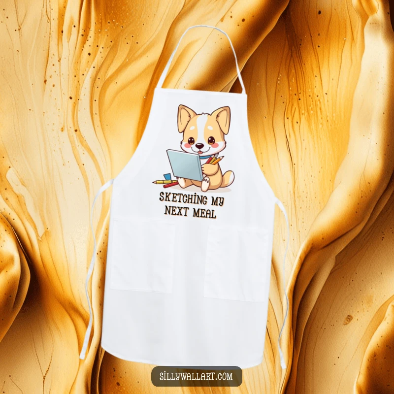 Funny Apron: A dog artist character with a sketchbook and pencils, looking inspired to create, ready for messy fun.
