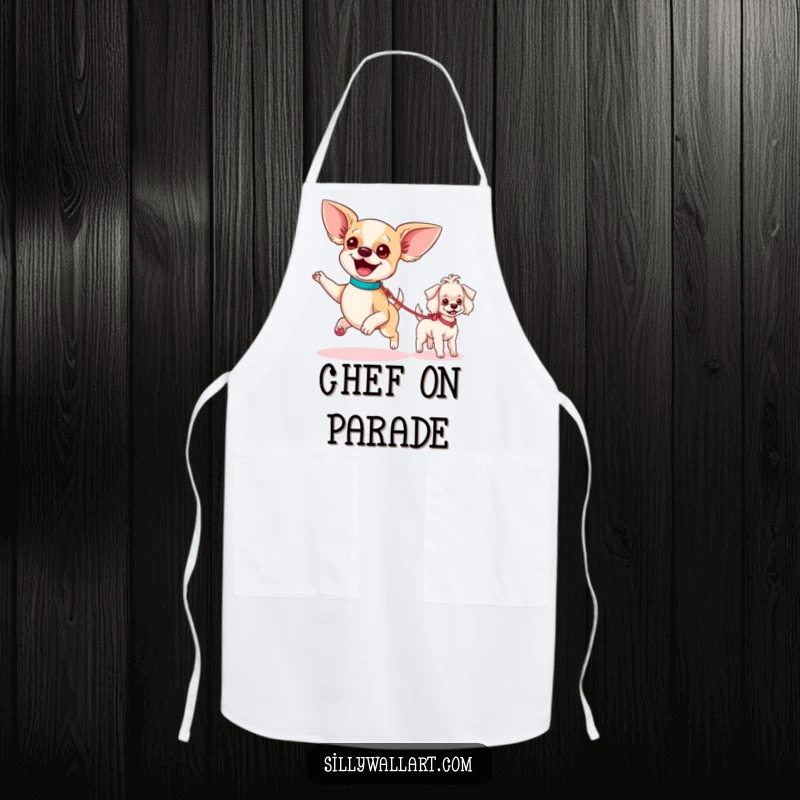 Funny apron featuring an excited chihuahua parading a tiny poodle on a leash, adding humorous doggy flair to kitchen duties.