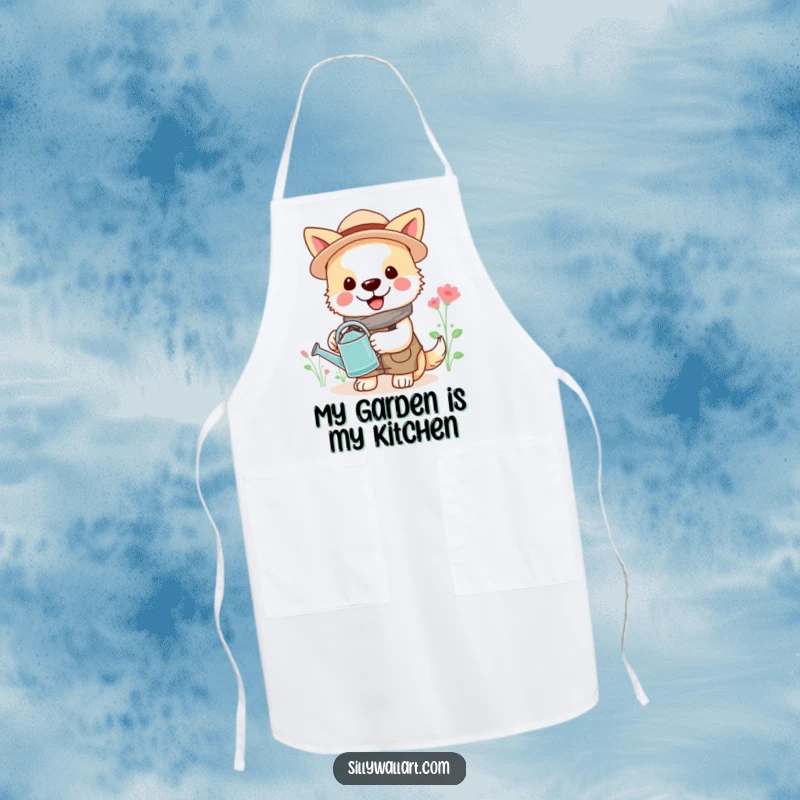 Funny gardener dog apron, cheerful dog in gardening attire with watering can, humorous kitchen accessory.