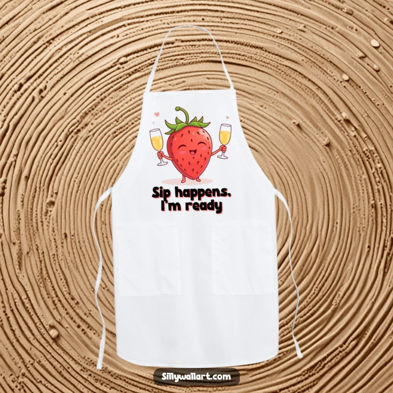 Funny apron showcasing a delighted strawberry juggling champagne glasses, perfect for keeping clothes clean during culinary adventures with a humorous twist.