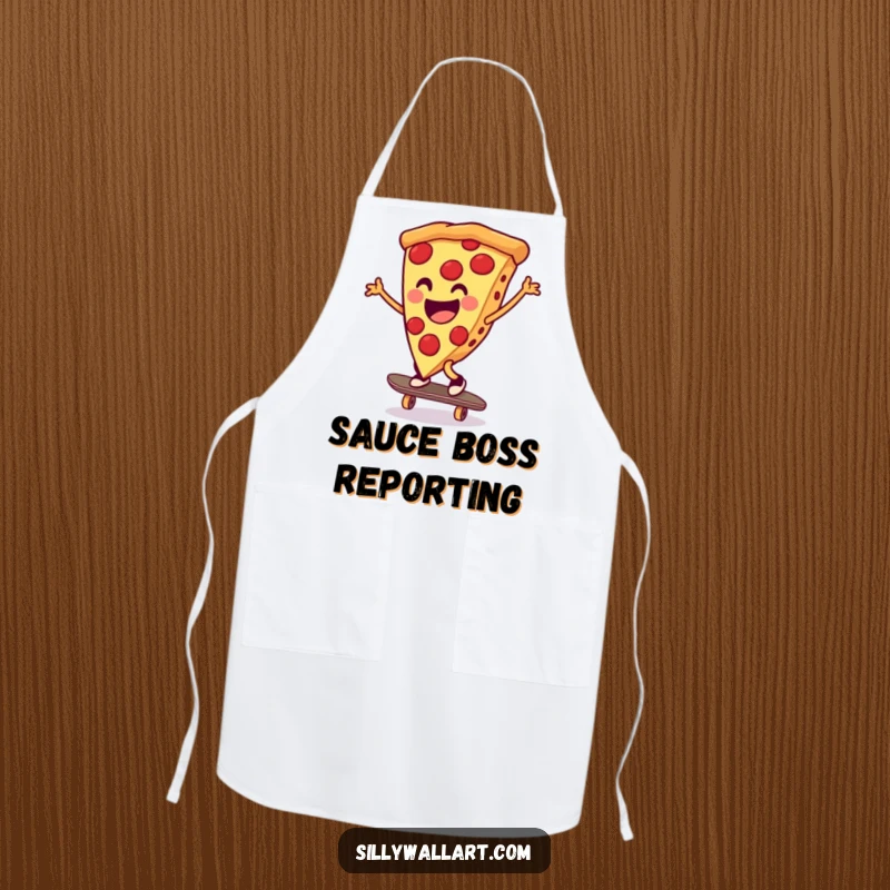 Funny pizza slice performing a cartwheel on a skateboard, printed on an apron, ideal for a cook with a sense of humor.