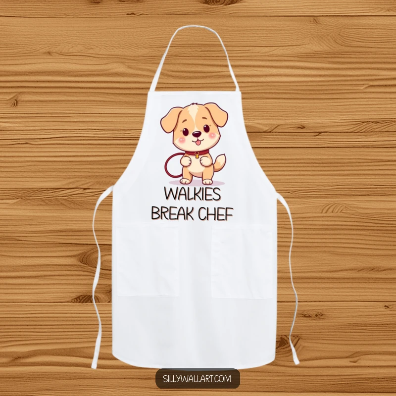 Funny dog with a wagging tail, holding a leash, ready for an outing, on a practical kitchen apron.