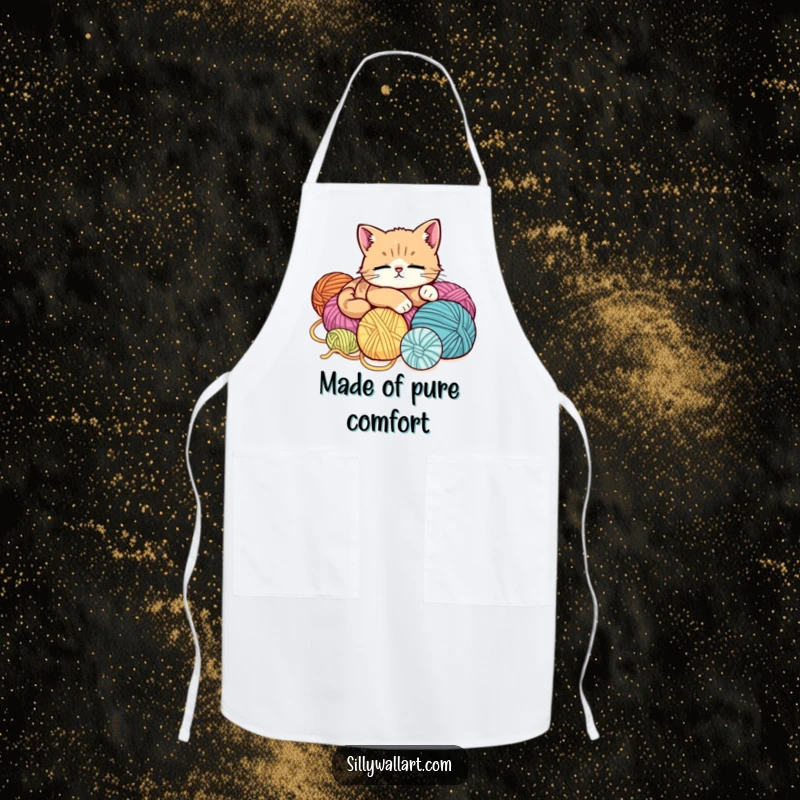Funny apron displaying a cute, ultra-relaxed cat lounging lazily on a pile of colorful yarn balls, ready for kitchen duty.