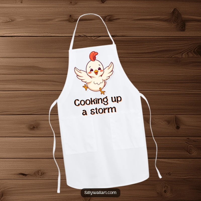 Funny apron with a delighted rubber chicken with tiny wings humorously attempting flight, ideal for kitchen fun.