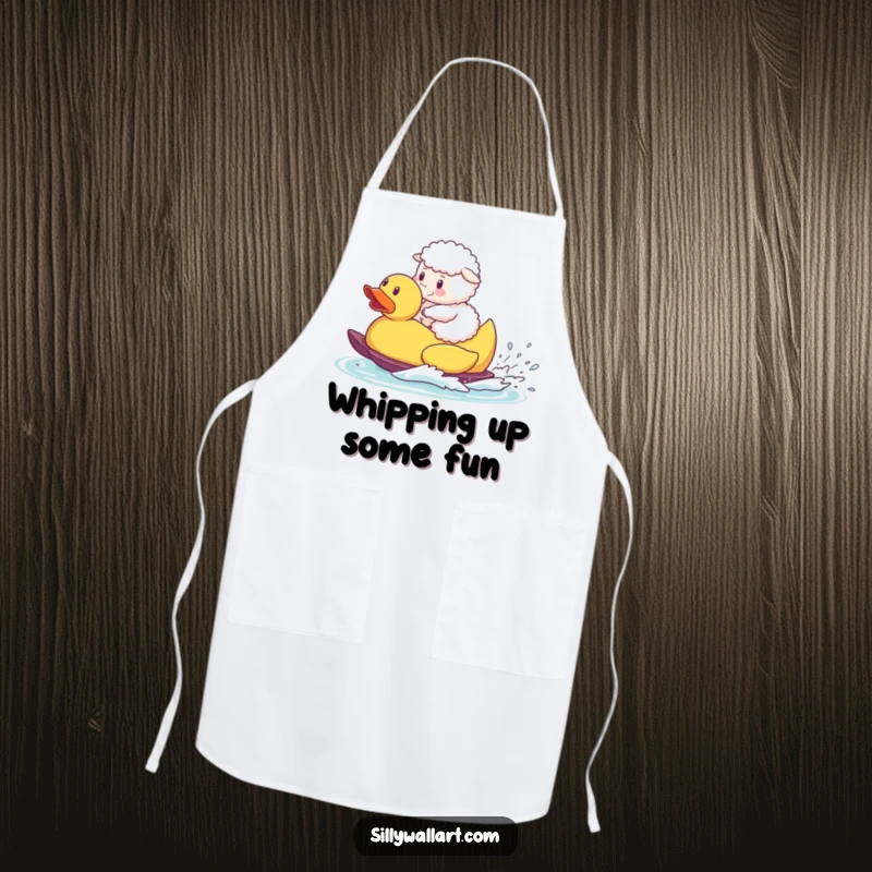 Funny apron, a fluffy sheep waterskiing on a giant rubber duck, bringing farmyard humor to the kitchen.