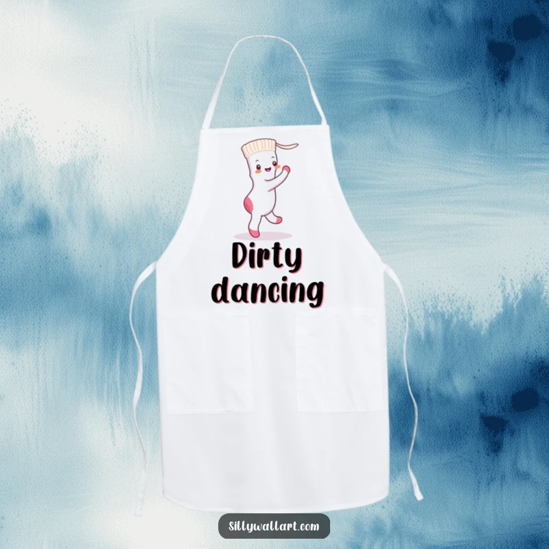 Funny sock and dryer sheet dancing the tango, on a functional apron for humorous kitchen activities.