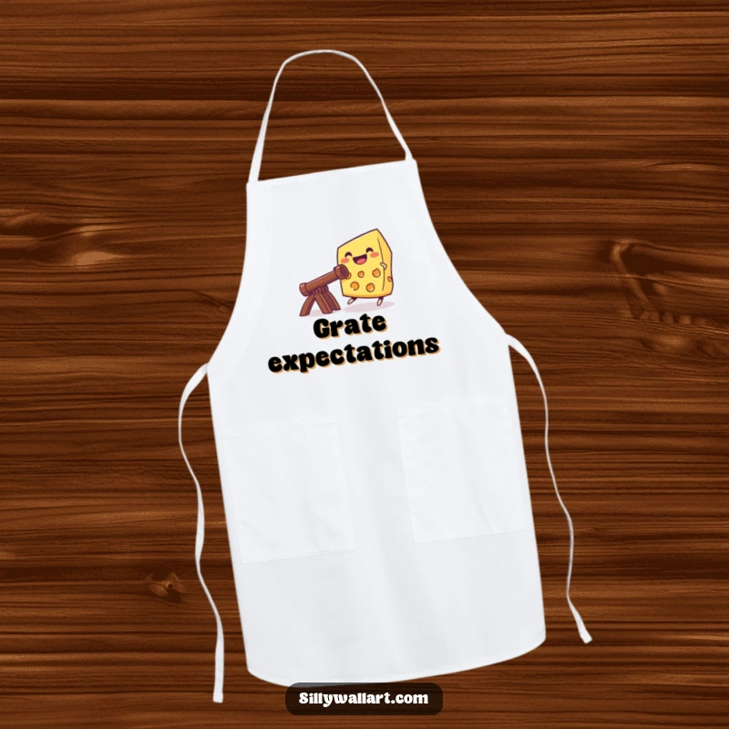 Funny grinning cheese launching from a catapult, printed on an apron, ideal for a cook with a sense of humor.