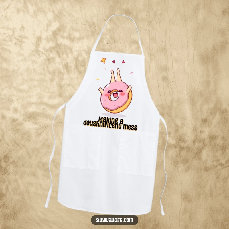 Funny apron showcasing a happy donut mid-somersault, adorned with sprinkles, ideal for keeping clean while cooking or baking with a humorous touch.