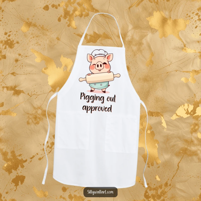 Funny Pig Chef Apron featuring a cheerful pig chef holding a gigantic rolling pin and giving a playful wink.