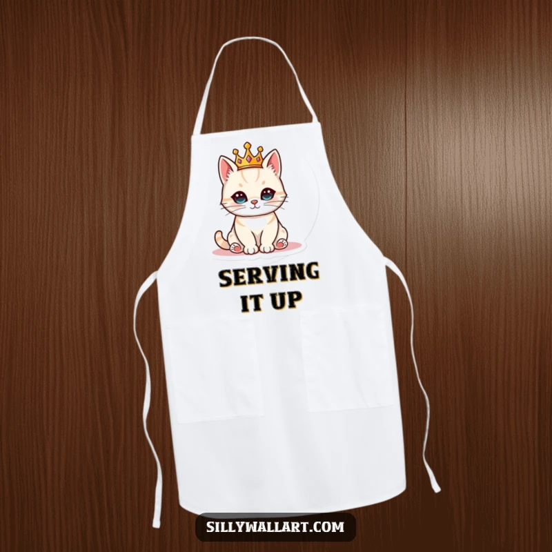 Funny cat wearing a tiny crown, sitting regally on a kitchen apron, adding regal humor to cooking.