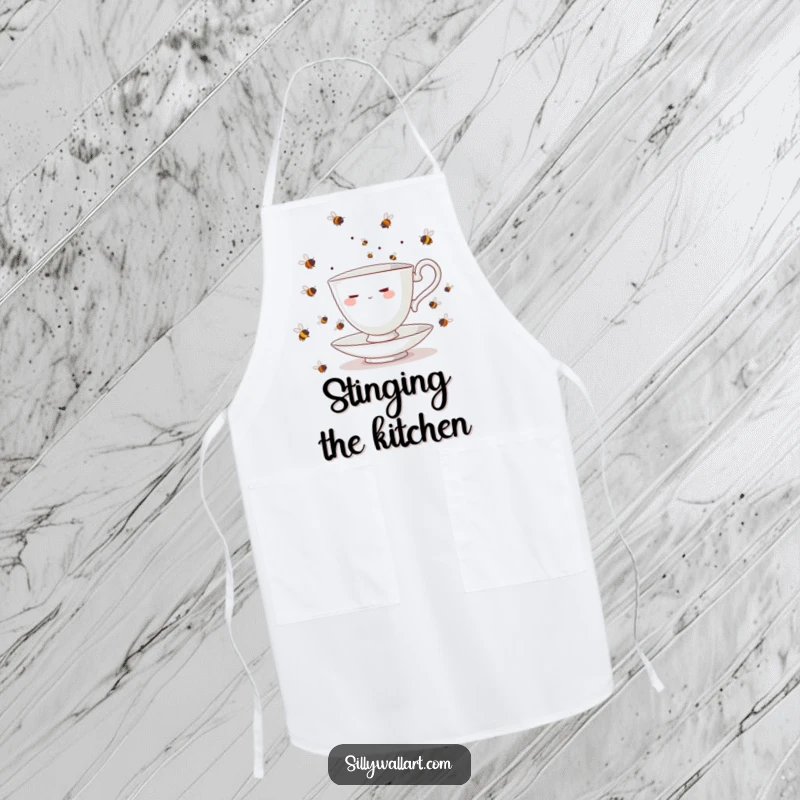 Funny teacup character, struggling to juggle a swarm of bees, on a functional apron for kitchen-related humor.