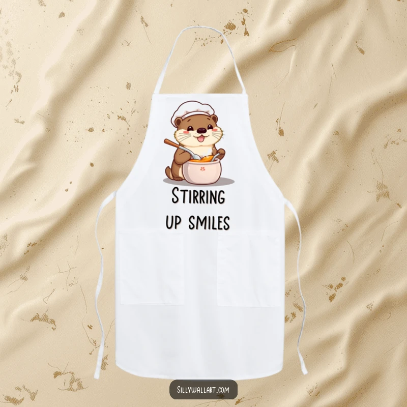 Funny apron with a happy kawaii otter chef enthusiastically sampling from a pot, perfect for kitchen duties with flair.