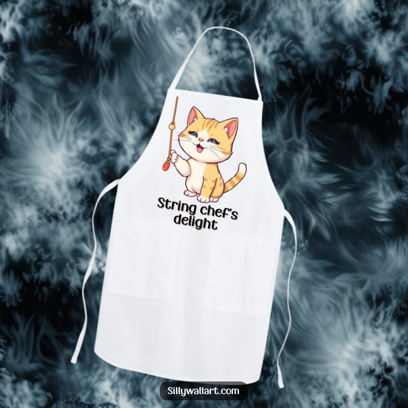 Funny apron with a playful cat batting energetically at a dangling string, its eyes full of mischievous fun and determination.