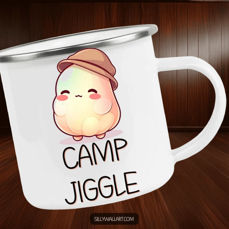 Funny jelly blob camping mug showing a jiggly character uncontrollably wobbling while trying to wear a tiny hat, great for outdoor humor.