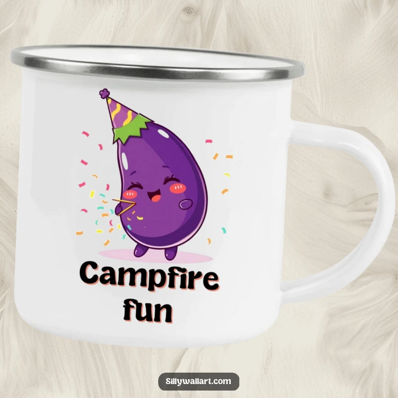 Funny camping mug featuring a beaming eggplant wearing a party hat and blowing a confetti popper, built for festive adventures.