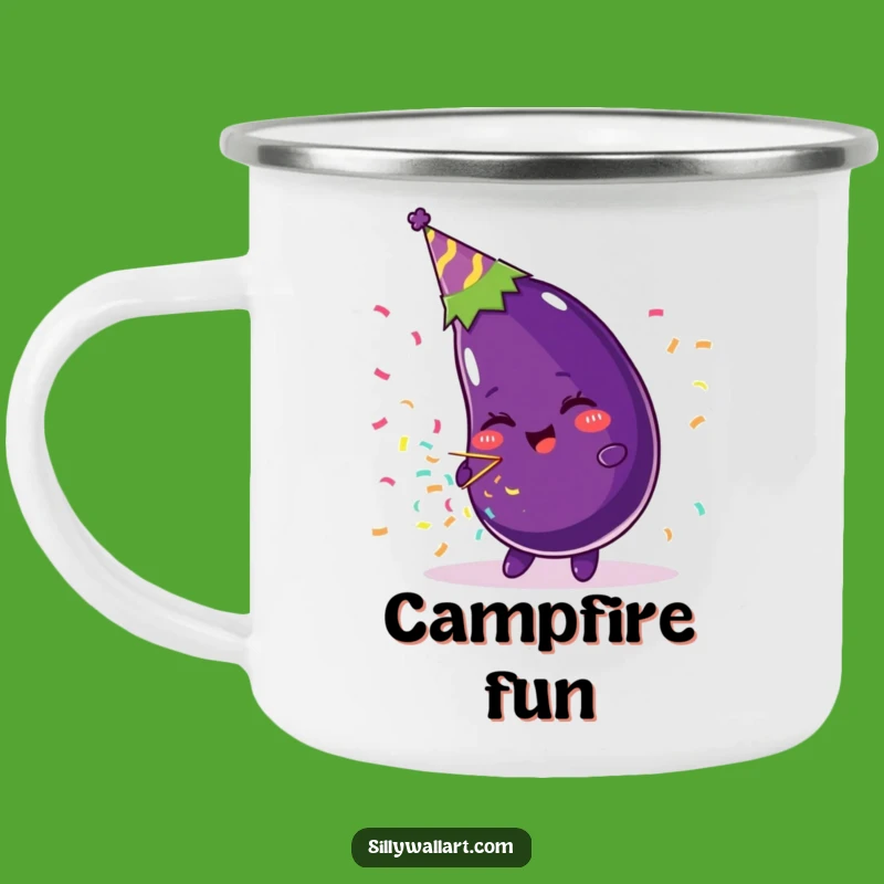 Funny Beaming Eggplant Party Hat Camping Mug - Festive Outdoor Gear