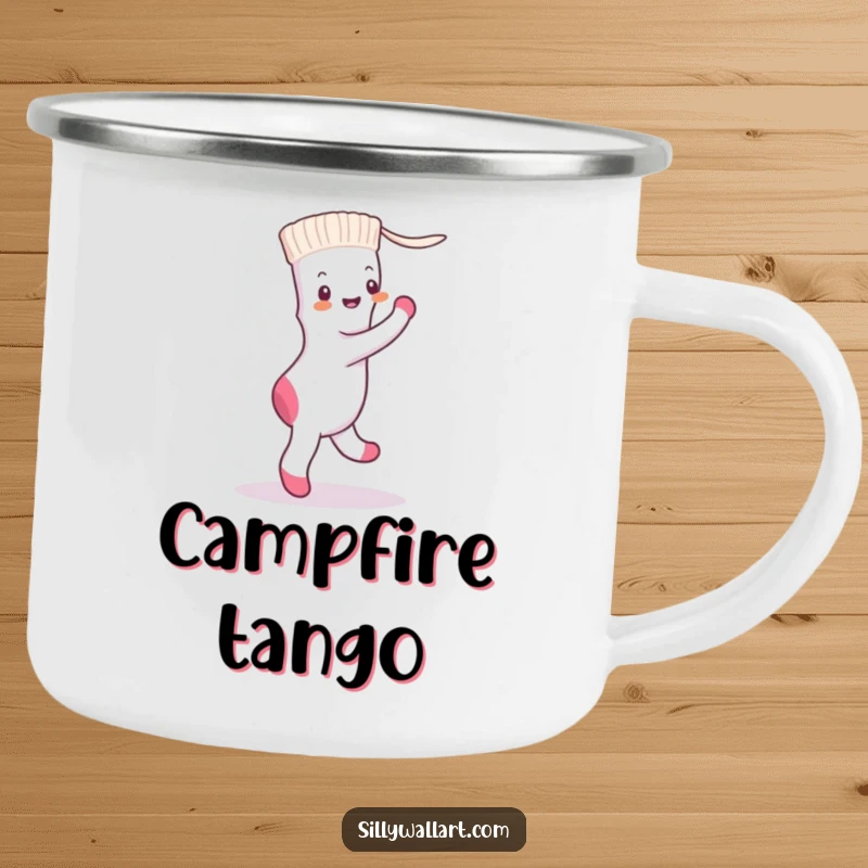 Funny sock and dryer sheet dancing the tango, featured on a sturdy camping mug for outdoor amusement.