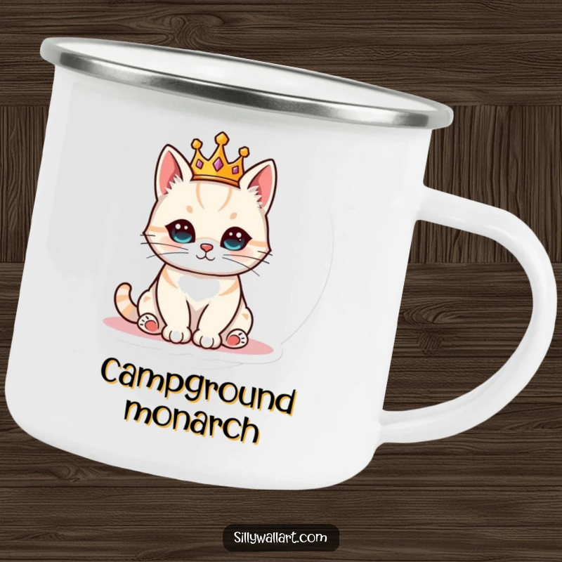 Funny cat wearing a tiny crown, sitting regally on a durable camping mug, perfect for outdoor feline admiration.