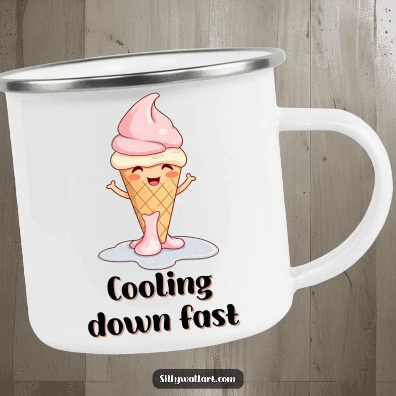 Funny ice cream camping mug showing a giggling cone melting into a puddle with a shrug, ready for adventures.