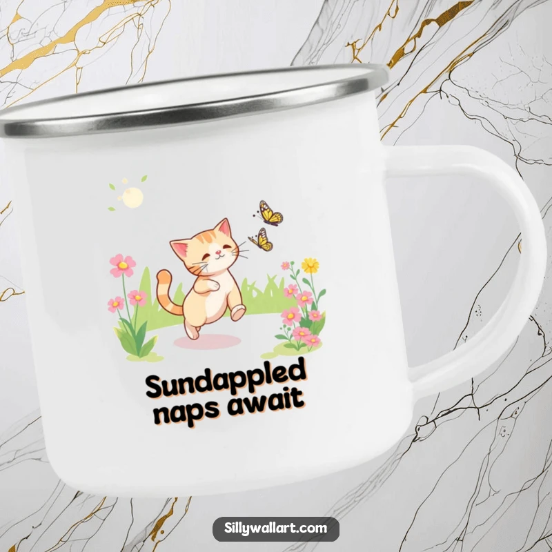 Funny camping mug featuring a cat's energetic butterfly chase in a sunny garden, ideal for outdoor humor.