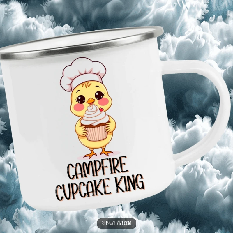 Funny Chick Chef Camping Mug with a sweet chick chef proudly presenting a cupcake, ideal for outdoor treats.