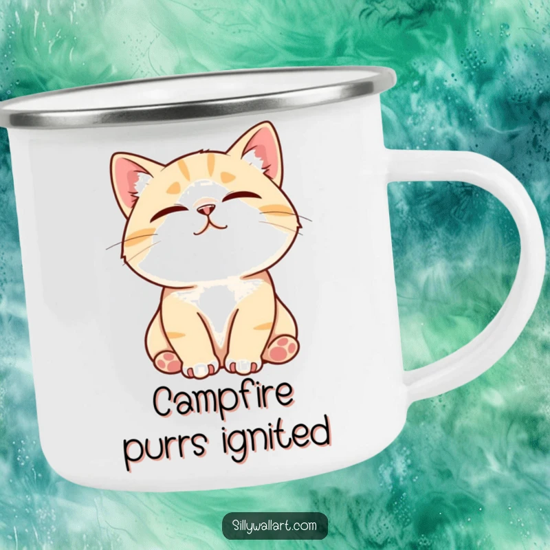Funny camping mug featuring a contented cat purring loudly while being stroked, its face embodying pure bliss and outdoor relaxation.