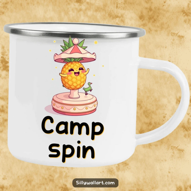 Funny Camping Mug featuring a dizzy pineapple spinning wildly on a carousel, tough and tropical.