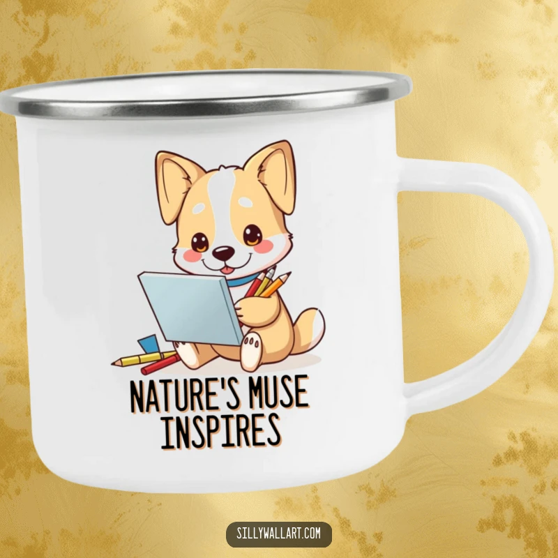 Funny Camping Mug: An inspired dog artist character with a sketchbook and pencils, ready for outdoor creative sessions.
