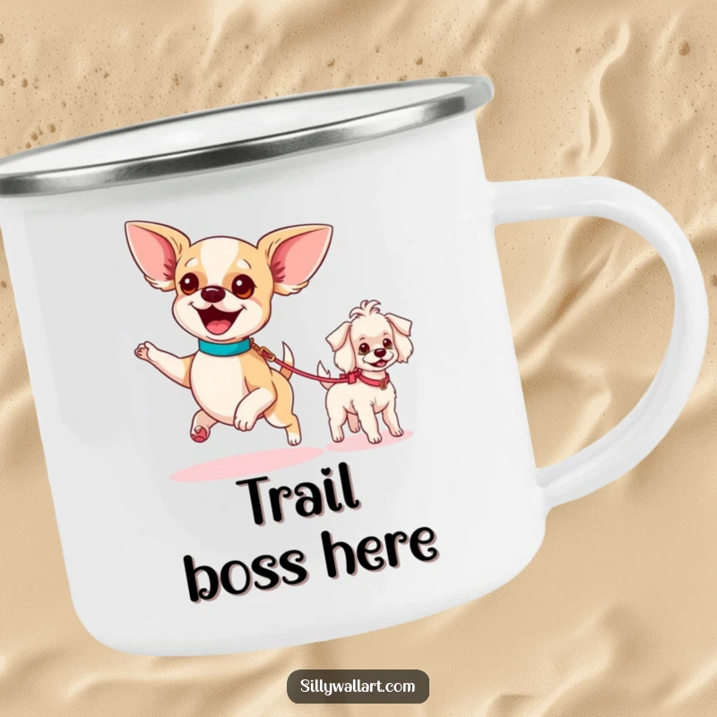 Funny camping mug featuring an excited chihuahua parading a tiny poodle on a leash, perfect for adventurers who love dogs.