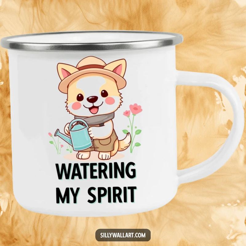 Funny gardener dog camping mug, cheerful dog with watering can, durable cup for outdoor fun.