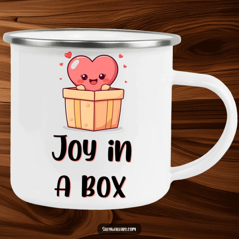Funny camping mug: A cheerful heart character popping out of a gift box, perfect for sharing joy outdoors.