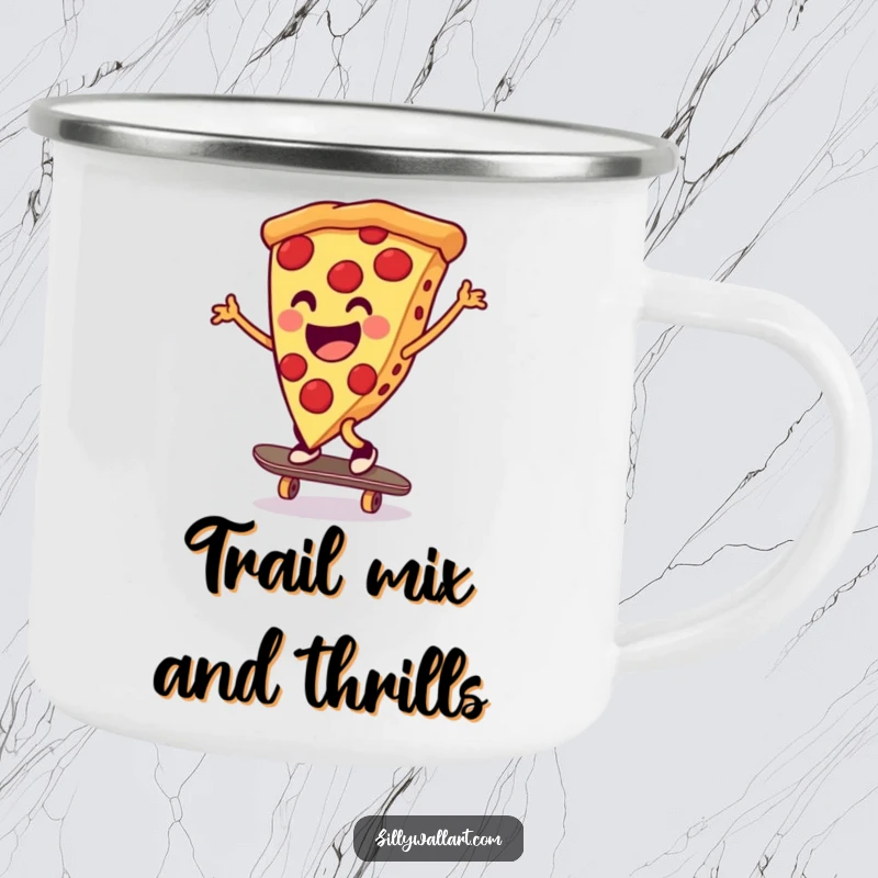 Funny pizza slice performing a cartwheel on a skateboard, illustrated on a durable camping mug for outdoor, humorous enjoyment.