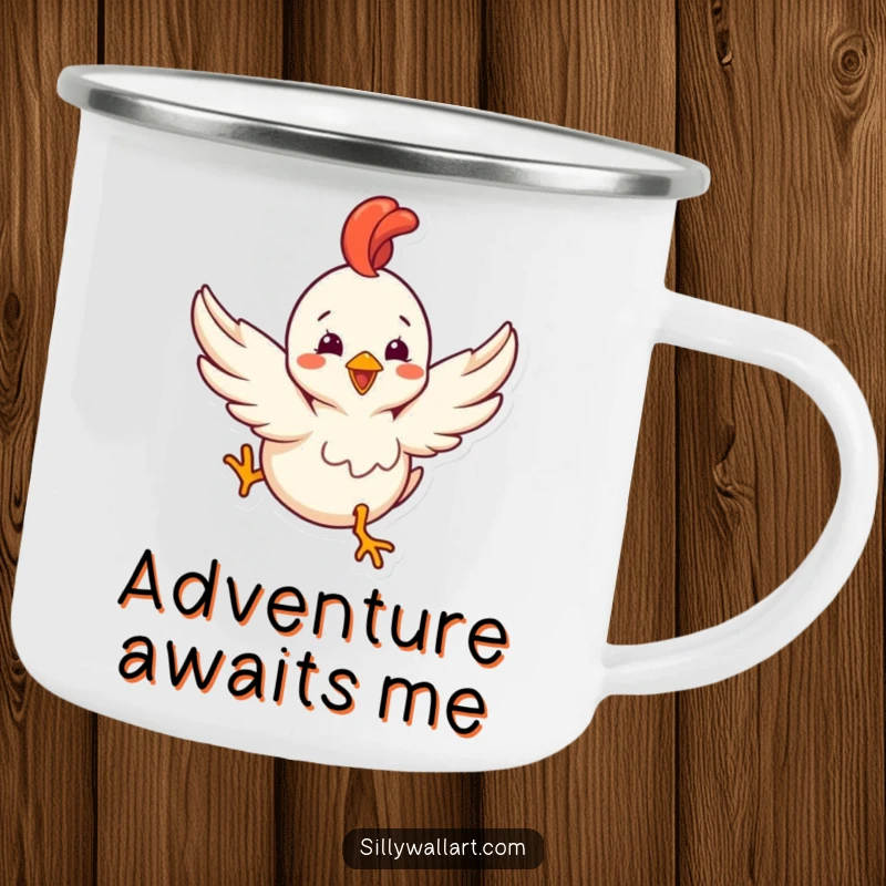 Funny camping mug with a delighted rubber chicken with tiny wings comically trying to fly, for outdoor enthusiasts.