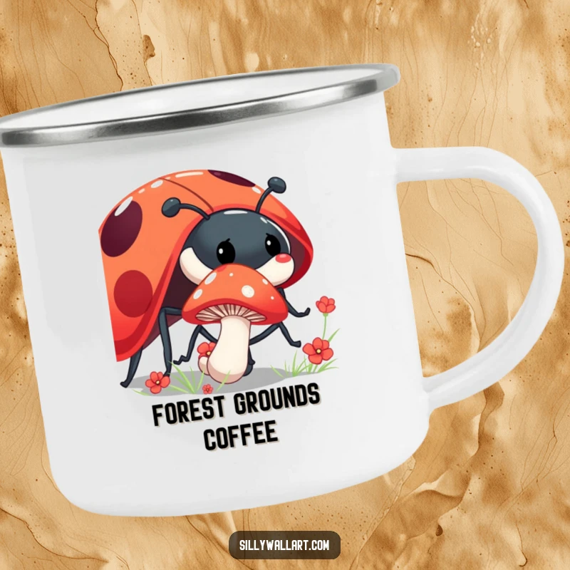 Funny shy mushroom camping mug with a mushroom peeking from behind a giant, laughing ladybug, for cozy outdoor moments.