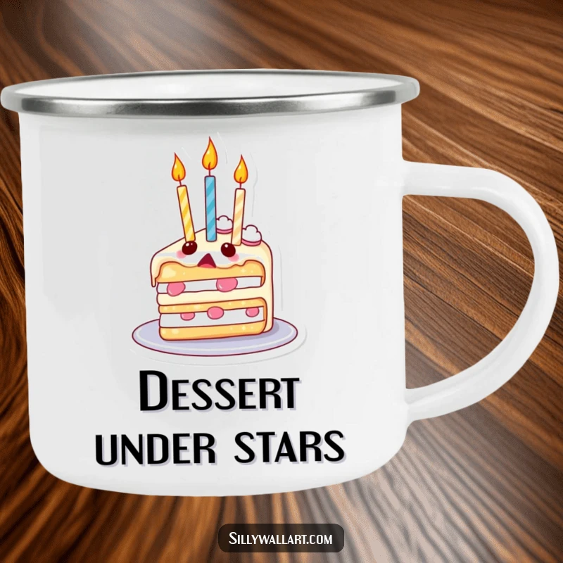 Funny camping mug featuring a surprised slice of cake with candles floating upwards like balloons, perfect for sweet adventures.