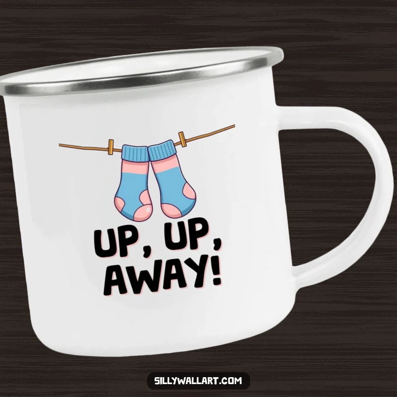 Funny camping mug, socks tangled on a clothesline like kites, perfect for outdoor fun and laundry humor.